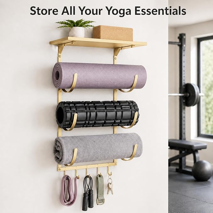 Wall Mount Yoga Mat Storage Rack, Heavy Duty Iron Organizer with 3-Tier J-Hooks, Wide Top Shelf and 5-Hook Bottom Rail for Yoga Mats, Foam Rollers, Blocks and Home Gym Accessories