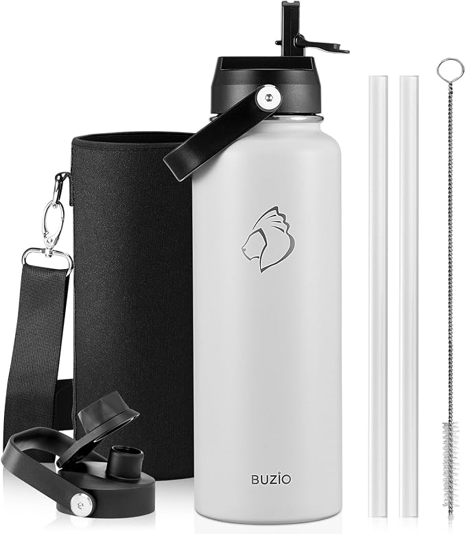 BUZIO Triple Wall Vacuum Water Bottle with Dust-proof Straw & Spout Lids | 40 oz Insulated Stainless Steel Water Flask (Cold for 48 Hrs/Hot for 24 Hrs), Dishwasher Safe, Leakproof, Non-BPA, for Hiking