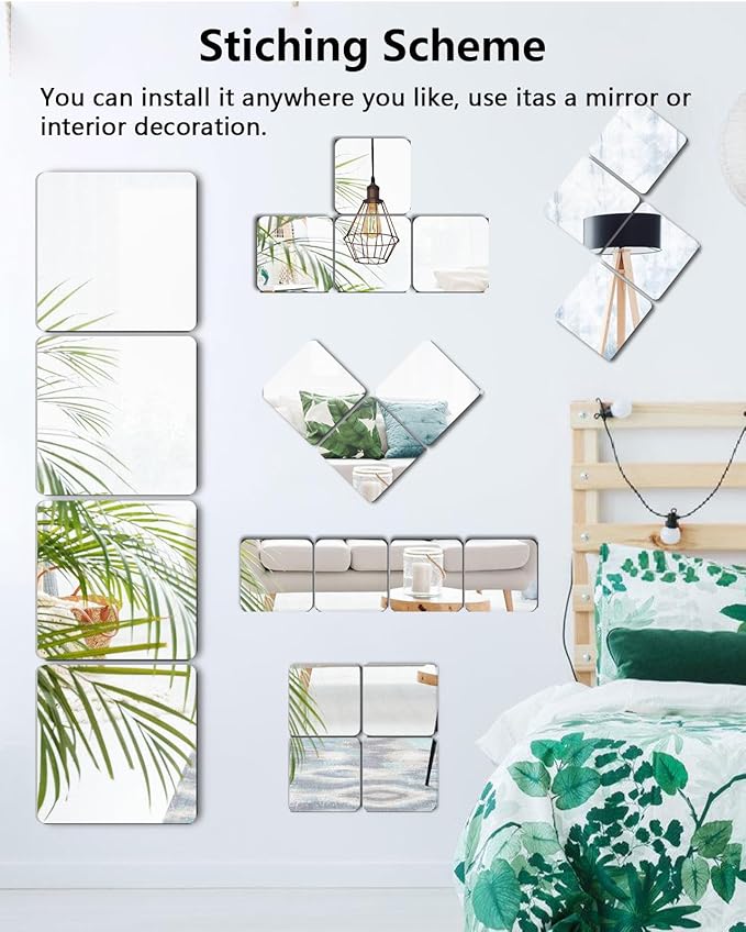 Shatterproof Peel And Stick on Mirror Tiles for Wall Decorative, 8 pcs 12”x12” Unbreakable Small Mirrors For Wall Classroom Decor, Toddlers Mirror for Kids Bedroom, Plastic Door Adhesive Mirrors