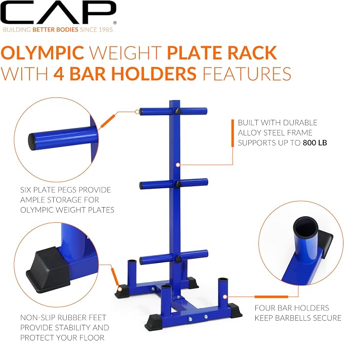 CAP Olympic Bumper Plate Tree Rack with Barbell Holders, Heavy-Duty Weight Plate Storage Rack for Home Gym, Steel Olympic Plate Organizer Stand, Multiple Color & Size Options