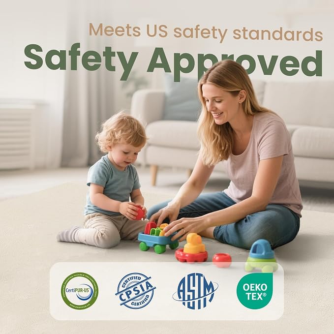 Baby Play Mat for Floor,1.3" Thick Foam 50"×65" Playpen Mat for Tummy Time,Non-Toxic Certified Water Repellent Soft Coral Velvet for Toddler,Infant,Kids,Non-Slip Backing Safe for Crawling(Cream)