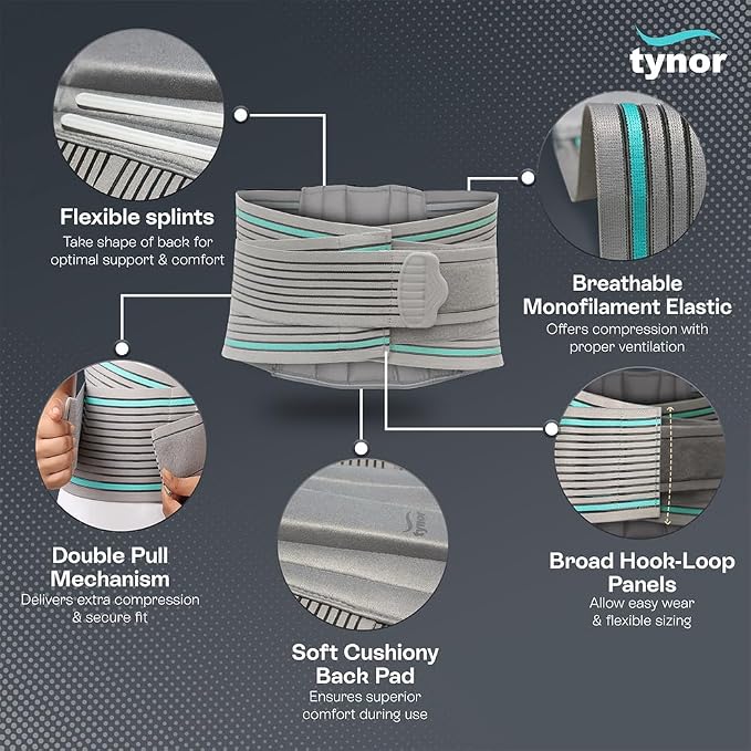 TYNOR Lumbar Support Belt Breathable Compression Lower Back Brace, Adjustable Waist Lumbar Support Brace for Men & Women, Herniated Disc, Sciatica, Back Pain & Heavy Lifting (Medium, Grey)