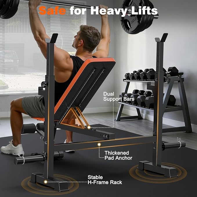 Fostoy Adjustable Weight Bench with Squat Rack & Incline Design | 770LB Heavy Duty, Flat & Incline Positions, Removable Foot Catch, Olympic Bench Press Station, Home Gym Strength Training
