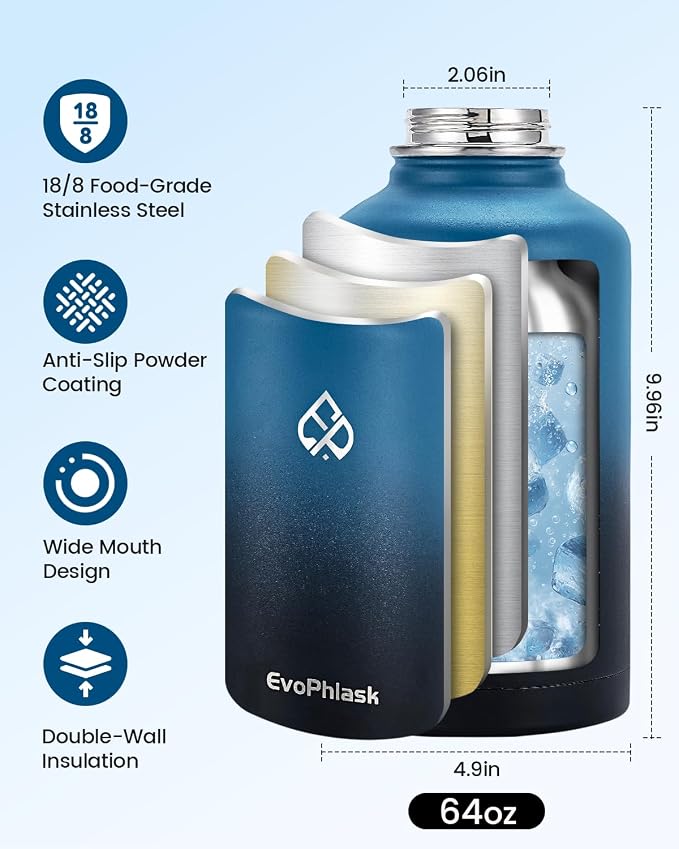 64 oz Insulated Water Bottle(Cold for 48Hrs), Indigo Black | Stainless Steel, BPA Free, Leak Proof, Half Gallon Large Metal Water Jug, For Gym, Hiking, Camping, Travel