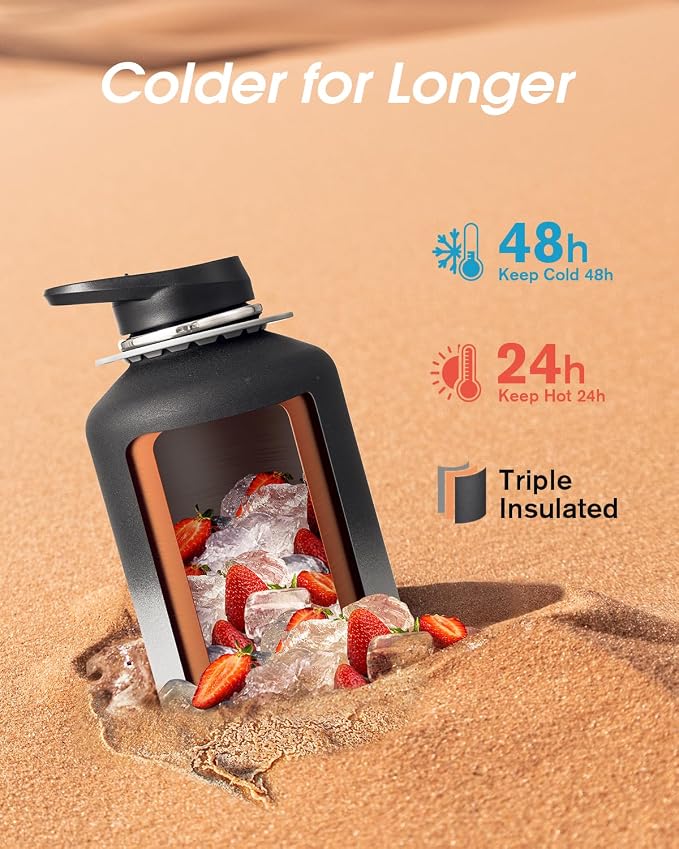 Coolflask Half Gallon Water Bottle Insulated Stainless Steel with Strap | 64 oz Large Water Jug with Straw & Spout Lids,Triple-Wall, Cold 48+h,Dishwasher Safe, Leakproof, BPA-Free,for Gym & Hiking