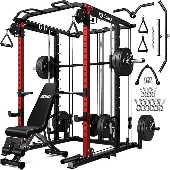 S1-V4 Smith Machine, 2000LBS Power Cage with Cable Crossover System, All-in-One Squat Rack with Smith Bar, Strength Training Equipment for Home Gym