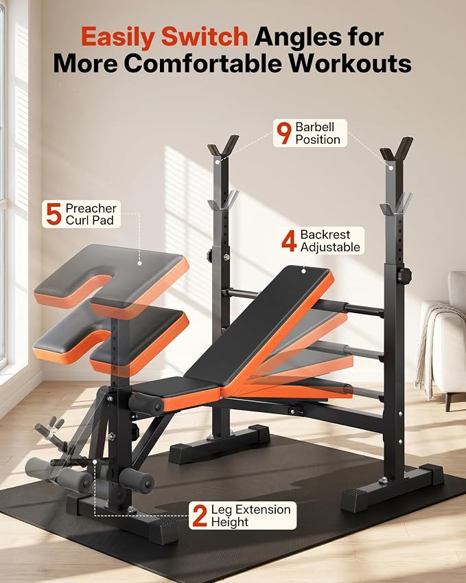 YOLEO 6 in 1 Weight Bench Set for Home Gym, Adjustable & Foldable Weight Bench, Workout Bench with Squat Rack for Bench Press Sit up Incline Flat Decline