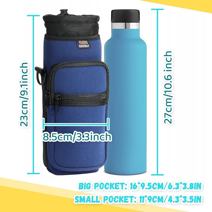 Nuovoware Water Bottle Carrier Bag, 25oz/32oz, Navy blue | Adjustable Shoulder Hand Strap, 2 Pocket, Neoprene Sleeve, For Hiking Travelling Camping