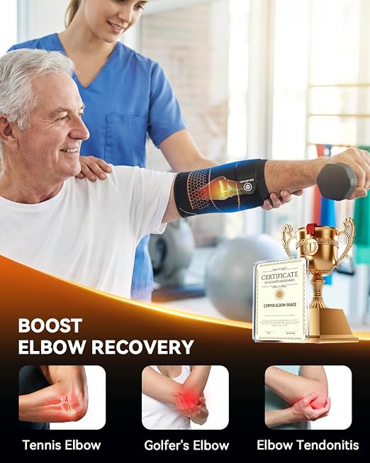 Copper Elbow Compression Sleeve for Tennis Elbow, Tendonitis, Golfers | Medical Elbow Brace with Adjustable Strap, Targeted Support for Weightlifting, Arthritis, Bursitis - Fit for Men & Women