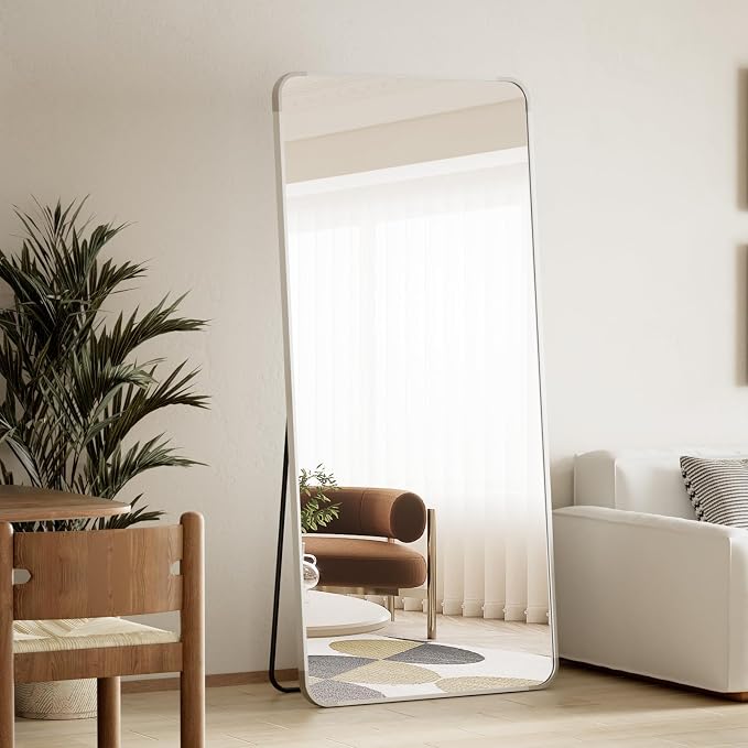 BEAUTYPEAK 71" x 26" Rounded Corner Full Length Mirror with Stand, Silver | Aluminum Alloy Frame with Standing, Leaning, or Wall-Mounted, Ideal for Bedroom, Dressing Room, Entryway, and Living Room