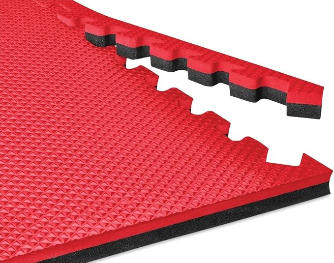 Reversible Gym Exercise Mats 3/4" Thick EVA Interlocking Foam Tiles, Perfect Home Gym Flooring, 32 Tiles & 64 Trim Pieces, 128 Sq. Ft. Reversible, Red/Black