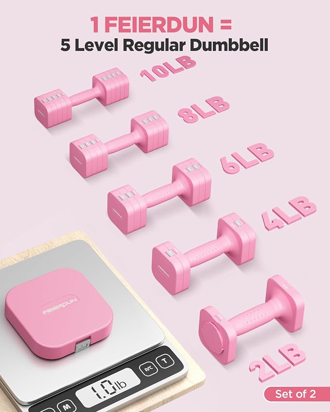 FEIERDUN DB3 5-in-1 Adjustable Dumbbell Set, 6LB/10LB Pair Adjustable Weights for Women at Home, Dual Locking Stable Hand Weights with TPU Soft Handle, Home Gym, Rehab, Pilates, Yoga, Strength Training
