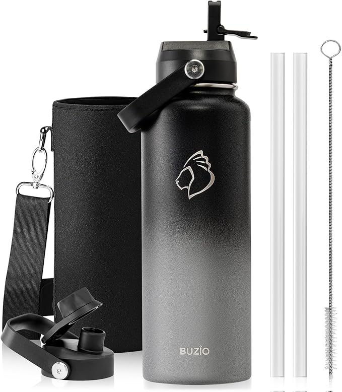 BUZIO Triple Wall Vacuum Water Bottle with Dust-Proof Straw & Spout Lids | 40 oz Insulated Stainless Steel Water Flask (Cold for 48 Hrs/Hot for 24 Hrs), Dishwasher Safe, Leakproof, Non-BPA, for Hiking