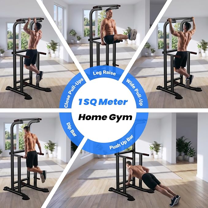 YYJO Foldable Pull Up Bar Free Standing Multi-function Power Tower Dip Bar with Assistance Bands Home Gym Strength Training Equipment