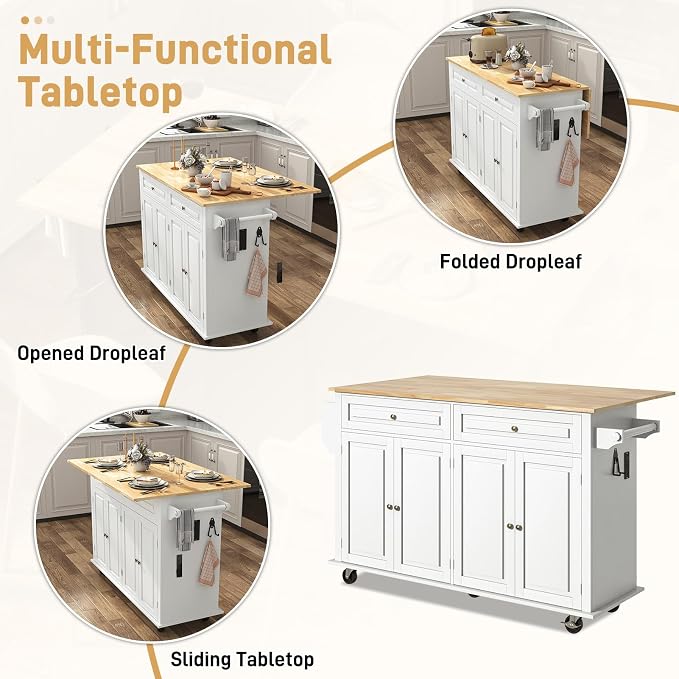 Hlivelood 63" Movable Kitchen Island with Drop Leaf and Power Outlet, Rolling Island Cart w/Storage Cabinet, Island Table on Wheels for Kitchen w/2 Drawers, Spice Rack, Towel Bar, Garage Hook, White