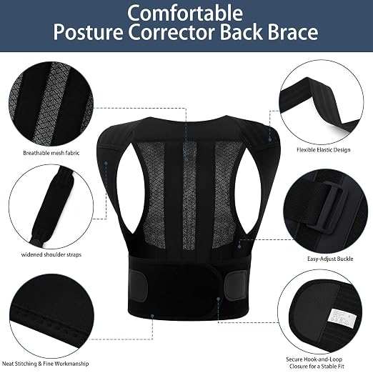 Posture Corrector for Women and Men Full Back Support Brace Adjustable Breathable Full Back Shoulder Straightener for Scoliosis， Hunchback, Lower Back Pain Relief Upright Posture Corrector Belt for Under Clothes (Black, Large)