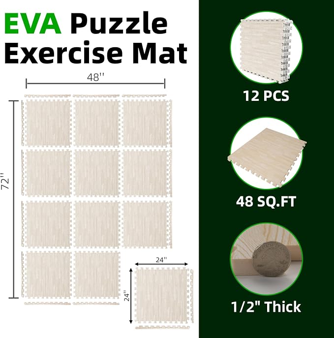 Art3d 12 Pack 24" x 24" EVA Interlocking Exercise Mats, 1/2" Thick Foam Puzzle Flooring for Workout, Gym Equipments, Training Areas, 48 Sq.FT, White Oak