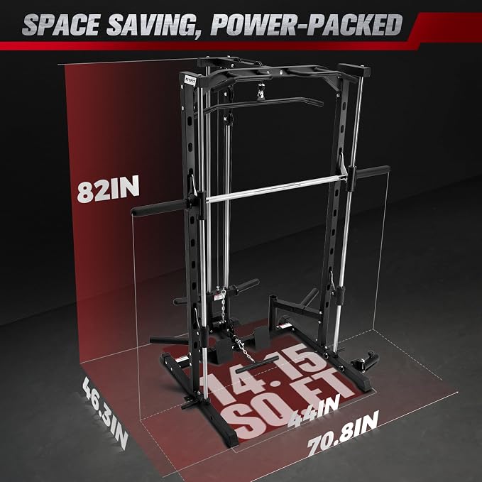 RitFit Smith Machine Power Rack with LAT-Pull Down System | Half Smith Machine with Landmine, Barbell Bar, Plate Storage Pegs and More Training Attachment