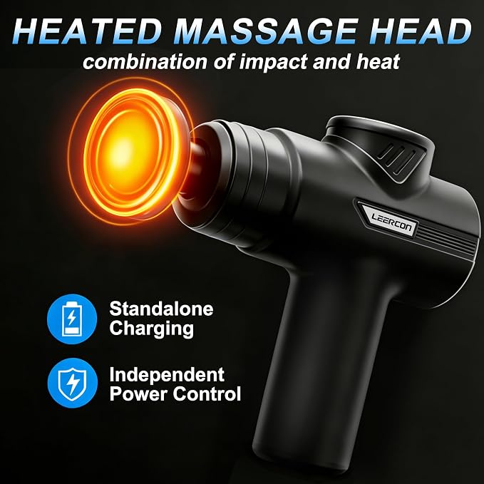 LEERCON Massage Gun with Heat, Deep Tissue Back Massager Gun Gifts for Men | Mini Percussion Massage Gun with 5 Heads and 6 Speeds 104 - 122°F, Ideal Gifts for Men Women Dad Mom Athletes, Black