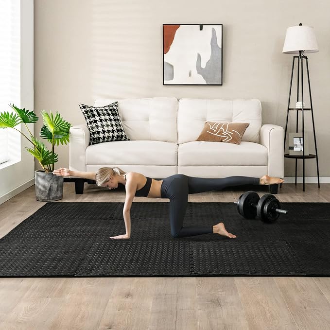 Tangkula 36 Tiles Exercise Flooring With Border, Non-Slip EVA Foam Protective Mats, Elastic Puzzle Play, 1/2" Interlocking Floor for Home Gym, Fitness Room, Workshop Equipment (Black)