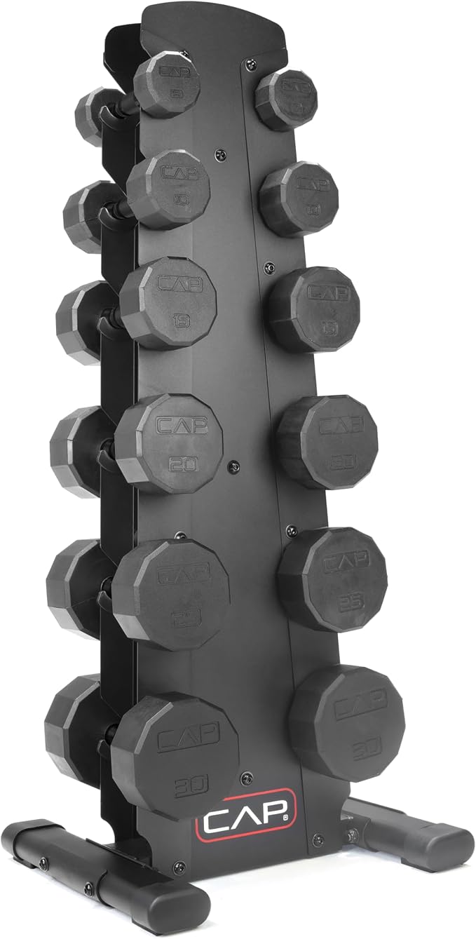 CAP Rubber Coated Hex Dumbbell Set with Storage Rack | 100–210 lb Options, Space-Saving Vertical Compact Storage for Home Gym Strength Training