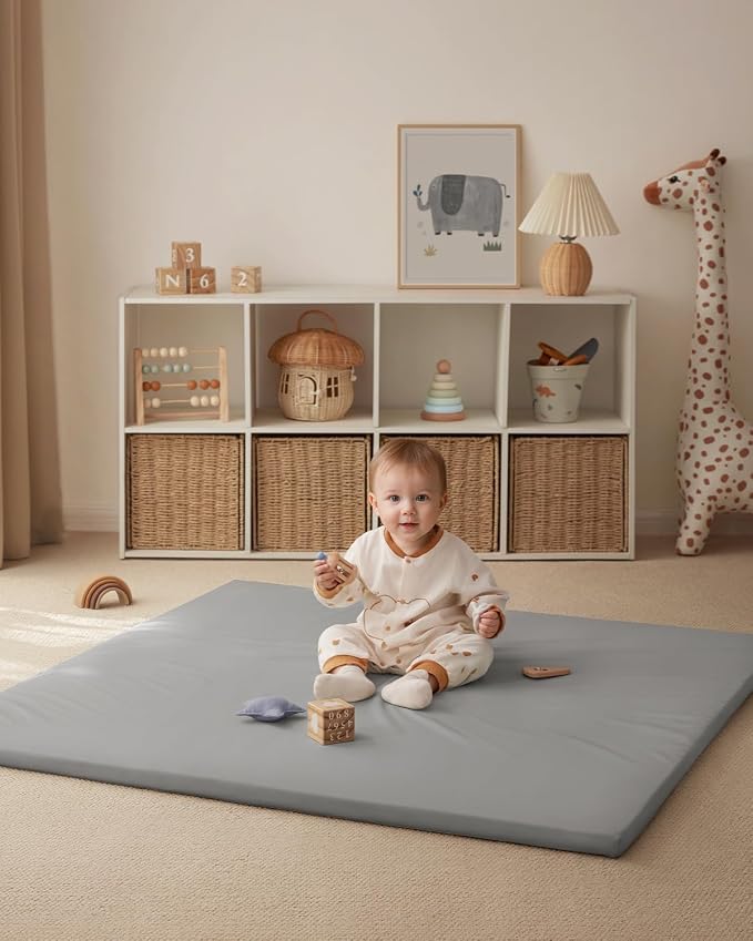 Blissful Diary Vegan Leather Baby Play Mat, 47''x47'', Light Gray | thick cushion, safe and soft fabric, waterproof and wip clean, indoor use, non-slip bottom, stylish mordern decor