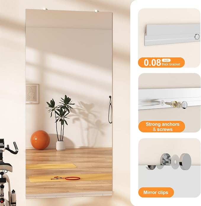 Hasipu Home Gym Mirror, 55"x17" Each, 2-Pack Frameless Wall Mounted Mirrors with Glass Clamps & 1 Aluminum Rail, Large Body Mirror for Home Gym, Yoga Studio, Bedroom, Silver Tempered Glass