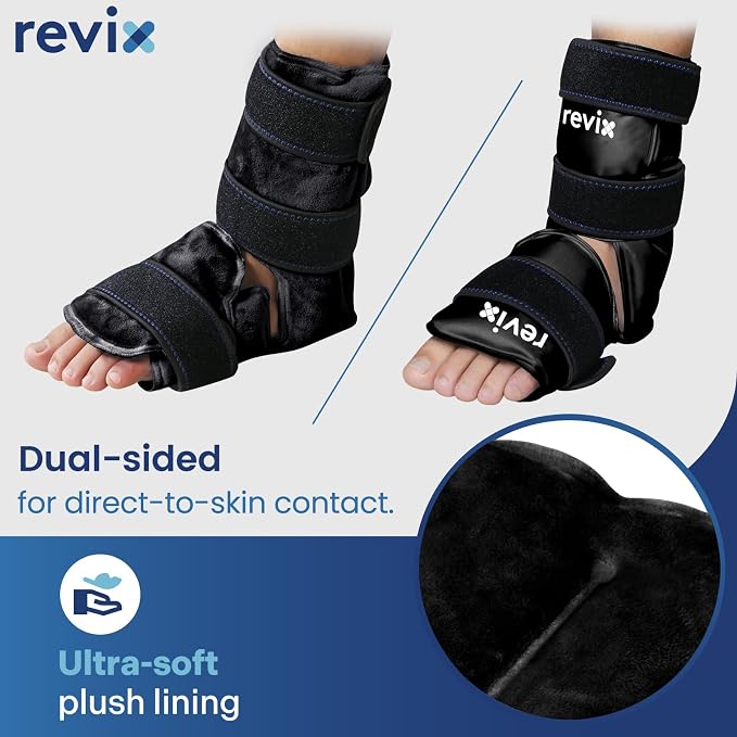 REVIX Ice Packs for Ankle, Reusable Cold Pack, 2 Packs, Black | Foot Ice Wrap with Soft Plush Lining, Flexible Gel Pack for Plantar Fasciitis, Achilles Tendonitis, Sprained Ankle
