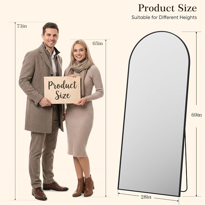 69"x28" Arched Full Length Mirror with Stand, Free Standing Leaning Wall Mounted Aluminum Alloy Frame Mirror for Bedroom Living Room Cloakroom, Black