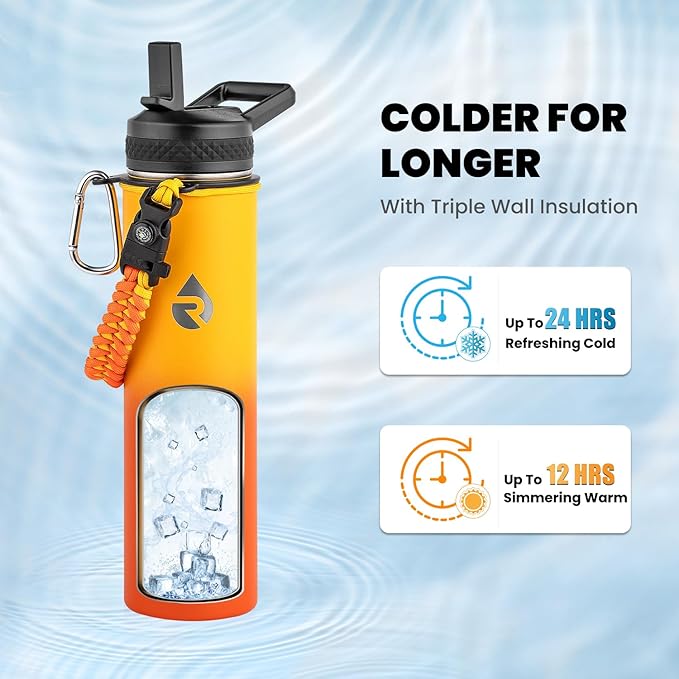 RAYMYLO Insulated Water Bottle 24 oz, Triple Wall Vacuum Stainless Steel | (Cold for 24Hrs, Hot for 12Hrs), Leak Proof & Non-BPA, Modern Water Flask Jug with Paracord Handle & Straw Spout Lids