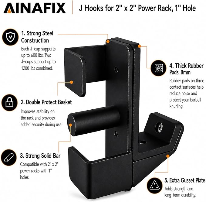 J Hooks for 2" x 2" Power Rack, Rubber Pad J-Hook for Power Cage, Bottom Reinforced Steel J Cups for Squat Rack, Heavy Duty Barbell Holder, Black