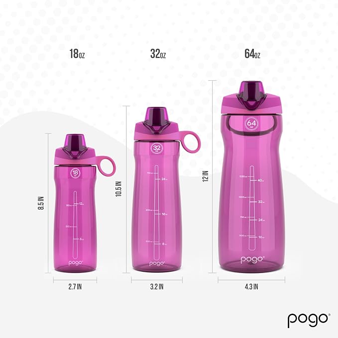 Pogo 64oz Plastic Water Bottle with Chug Lid and Carry Loop, Fuchsia | Leakproof water bottle with chug lid and capacity markings. BPA-free, great for travel, school, outdoors, and gym.