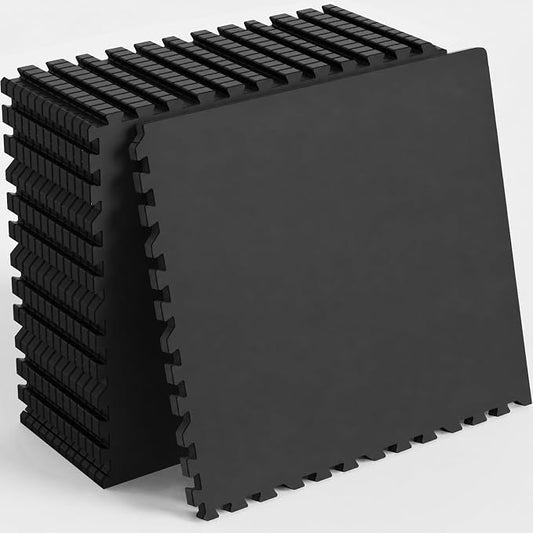 48 Sq Ft Rubber Top Gym Flooring for Home Gym, Black | 12 Tiles, High Density EVA Foam, Waterproof & Non-Slip Rubber, 0.4" Interlocking Puzzle Mats, Floor Protection, 24"x24"