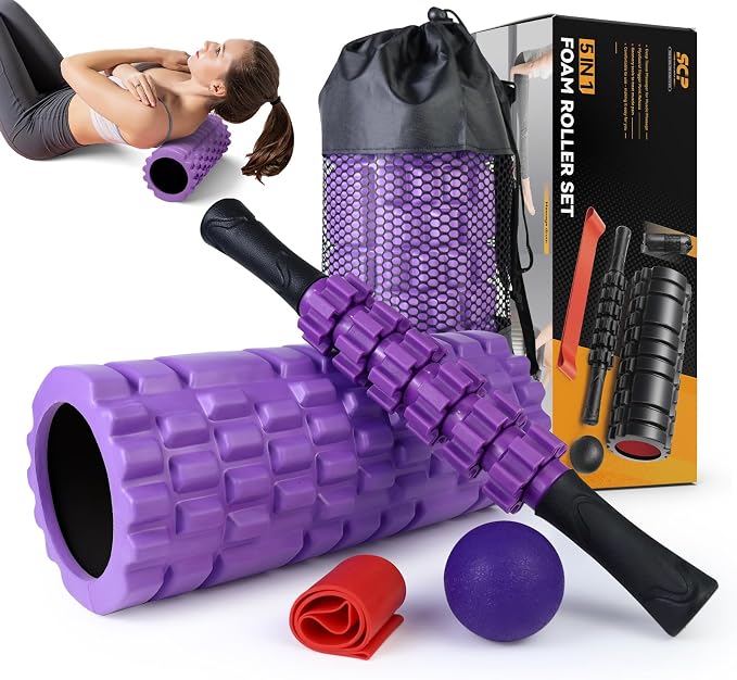 SUBCULTUREPICK 5 in 1 Foam Roller Set for Deep Tissue Muscle Massage | High Density Trigger Point Fitness Patented Exercise Roller, Muscle Stick, Massage Ball, Stretching Strap, for Whole Body