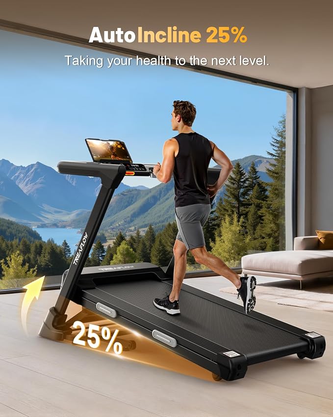 TREAFLOW Folding Treadmill with 25% Auto Incline, 3.5HP | Brushless Motor, 10 MPH Performance, Joint-Friendly Cushioning, Easy Handrail Controls, Space-Saving Folding Design