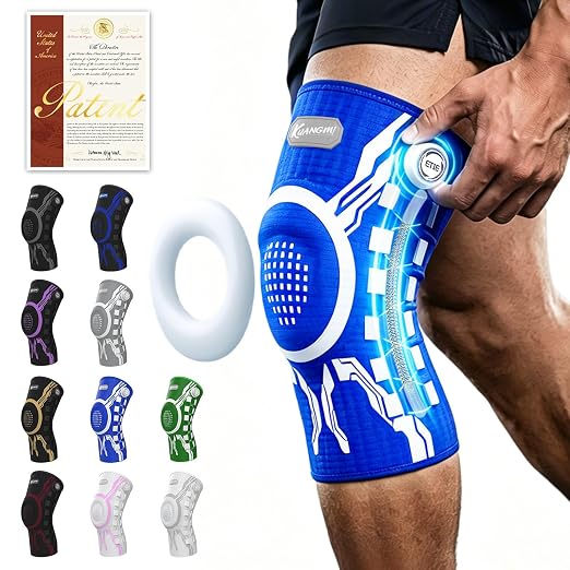 Kuangmi Knob Knee Brace for Pain Relief, Knee Support with Patella Gel Pad & Side Stabilizers, Compression Knee Sleeve for Workout, Arthritis, Joint Pain, Meniscus Tear (Blue White,Left,Large,Single)