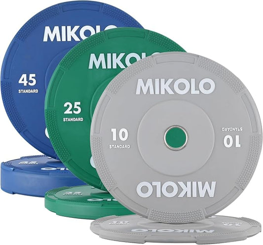 Mikolo Olympic Bumper Plates Set, 100% High-Density Low-Bounce Rubber Weight Plates with Steel Inserts, IWF Color-Coded Quiet Barbell Plates for Deadlifts, Squats & Home Gym Strength Training (Weights: 45 * 2-230LB)