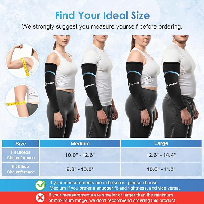 ComfiTECH Dual-Gel Full Arm Elbow Ice Pack Wrap with 30-Min Cooling, Medium | Detachable Cold Pack & Flexible Gel Sleeve for Volleyball, Reusable Ice Compress for Tennis Recovery, Shin Muscle Comfort