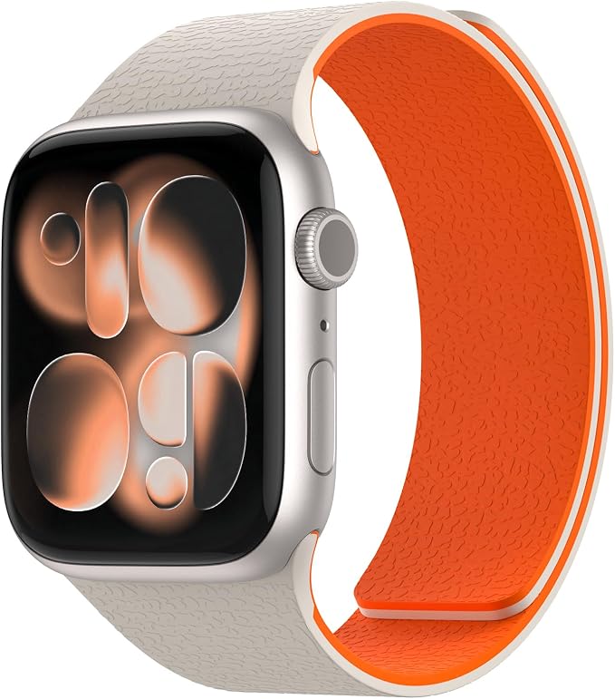 Magnetic Silicone Band Compatible with Apple Watch Band 42mm 41mm 40mm 38mm Series 11 10 9 8 7 6 5 4 3 & SE 3/2/1 Strong Magnetic Clasp, Waterproof & Adjustable (Starlight + Orange)