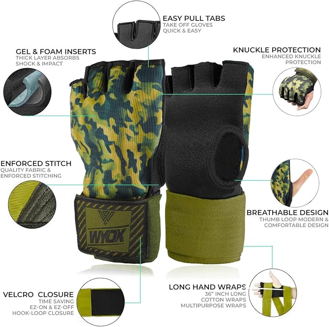WYOX Neoprene Gel Boxing Hand Wraps Inner Gloves for Men & Women – 80cm/31in Quick Wrist Strap, Padded Knuckle Protection, Fingerless MMA Muay Thai Kickboxing Wraps for Training & Martial Arts