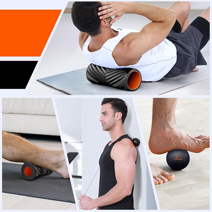 Sportneer 4 in 1 Pilates Foam Roller Muscle Relax Kit | with 2 Textured Foam Rollers Stringed Exercise Ball, Lacrosse Ball for Muscle Shoulder Back Leg Whole Body Relax Fitness Yoga