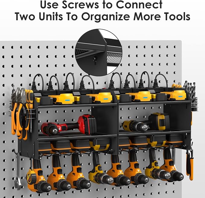 CCCEI Wall Mount Modular Tool Charging Organizer, Black, 2 Pack, 3 Tier. | Drill Battery Storage Rack with Hooks, Garage Workshop, Gifts for Men, Dad, Husband Anniversary, Birthday, Christmas