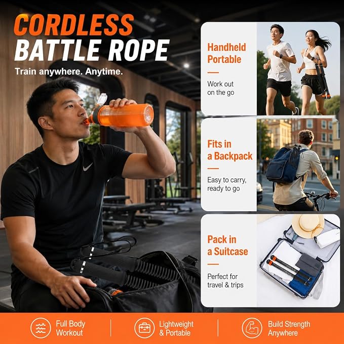 Cordless Battle Ropes with Adjustable Weight & Ropeless Battle Ropes for Home Gym – Low Impact HIIT Strength Training for Men & Women (Black)