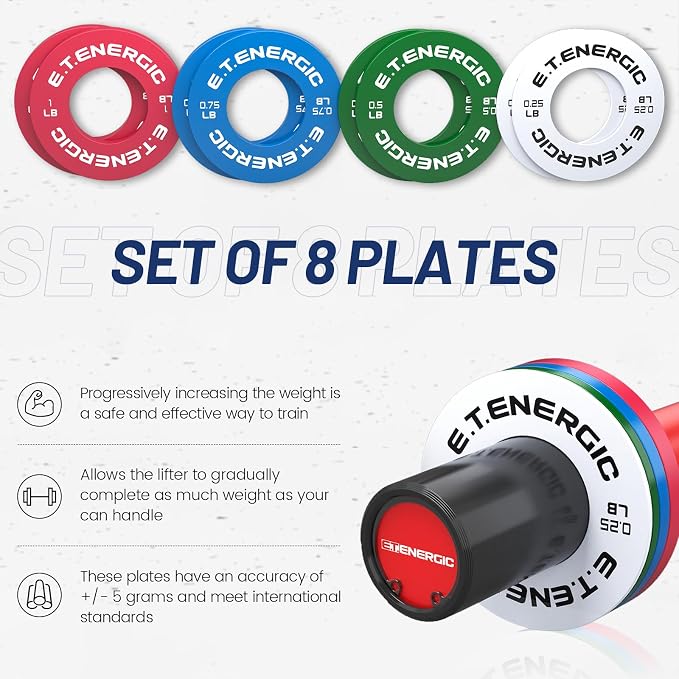 Fractional Weight Plates Set of 8 for Olympic Bars | 0.25, 0.5, 0.75, 1LB pairs with steel core, odorless finish, color coding, and 2-inch Olympic bar fit