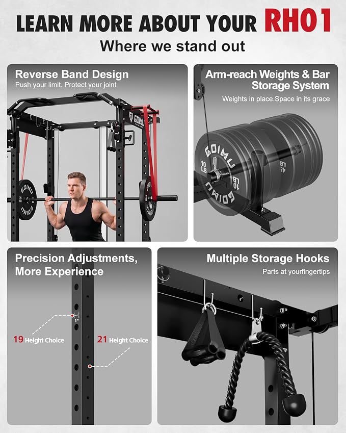 RH01 Power Cage Rack, 2000LBS Squat Rack with with Cable Crossover System&LAT Pull Down System, Multi-Function Workout Cage for Home&Garage Gym