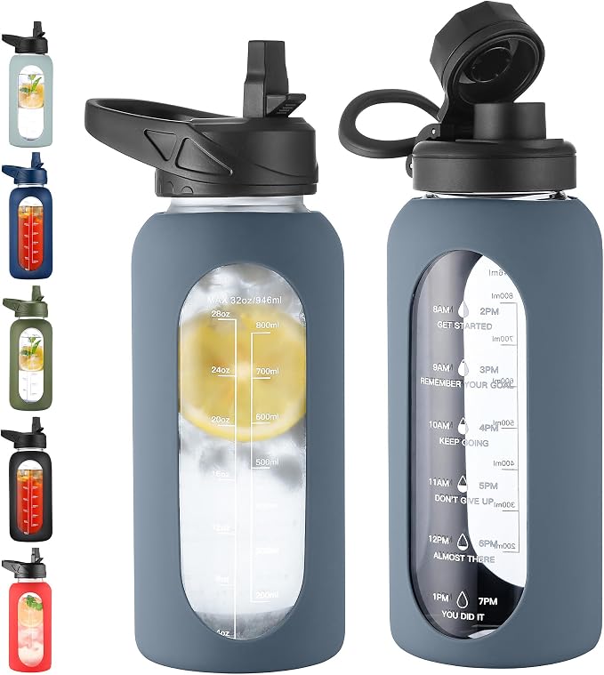 CIVAGO 32 oz Glass Water Bottle with Straw, Large Motivational Water Jug | Time Marker, 2 Leakproof Lids, Wide Mouth, Water Flask Cup with Handle and Silicone Sleeve, for Gym, Sports, Smog Blue