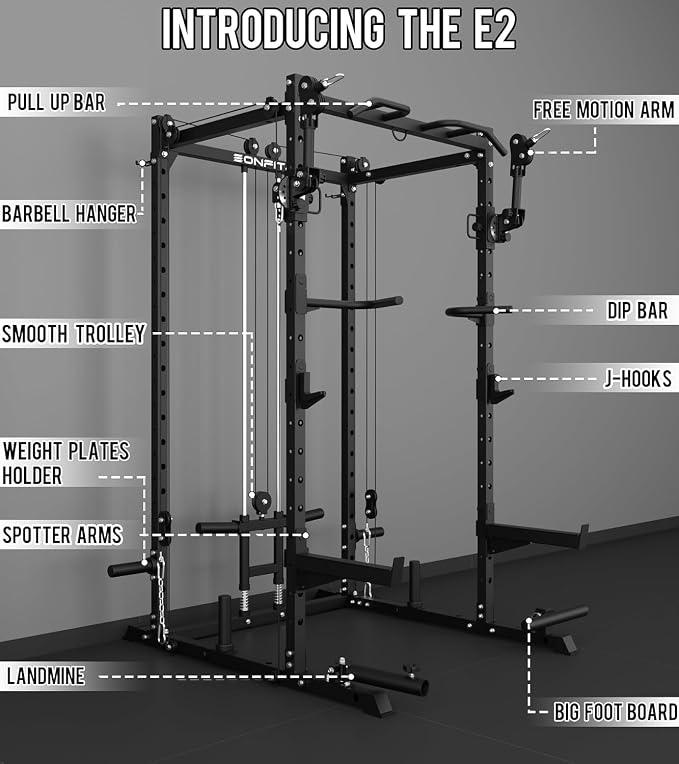 Eonfit E2 Power Rack, Squat Rack with Cable Crossover for Home Gym | Power cage with Pivot Arms Functional Trainer Pulley System Lat Pull Down For Garage Gym Strength Training