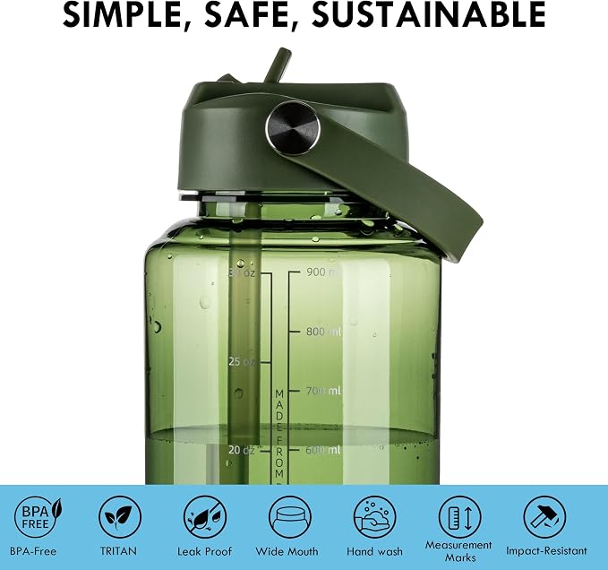 OLDLEY 32oz Water Bottle with Straw,Leakproof Tritan Clear Bottle with Marked Bottle and Carry Handle, BPA-Free Wide Mouth Reusable Sports Bottle for Gym,Hiking,Camping,Travel,Workout,Army Green