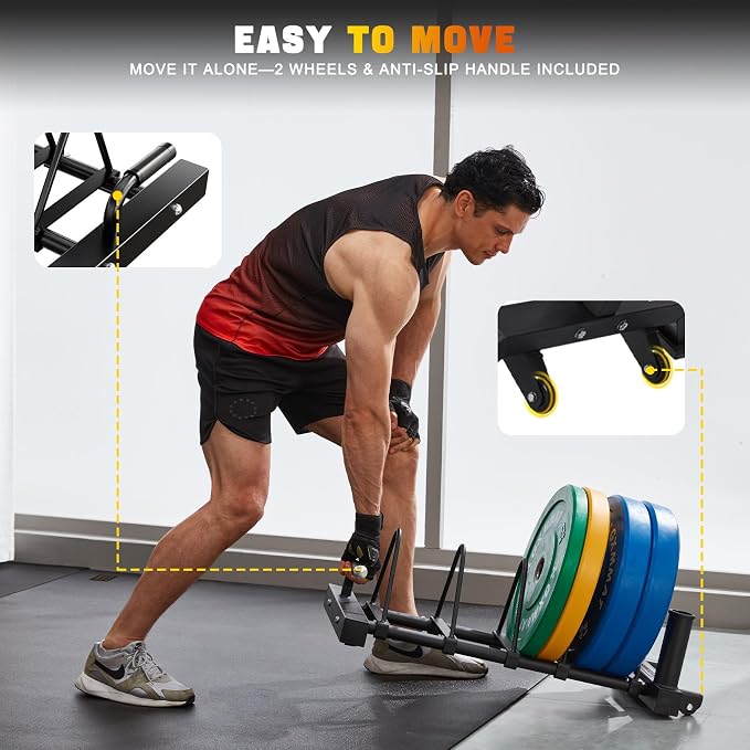 GXMMAT Horizontal Olympic Weight Plate Rack | 330lbs Capacity Powder-Coated Steel Frame | 4 Plate Storage Slots + 2 Barbell Holders | Adjustable Slot Spacing | Includes Wheels & Non-Slip Handles