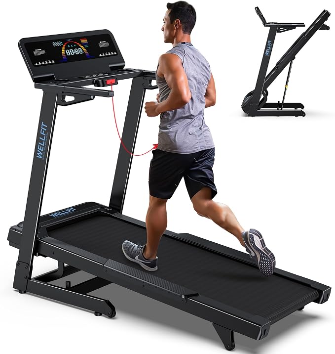 WELLFIT Treadmill with 15% Auto Incline, Foldable Heavy Duty Treadmill | 5.0HP, 10 MPH, 500 lbs Capacity, 20'' x 50'' Running Area Treadmills with Pulse Sensor, Bluetooth Player & Large LED Display